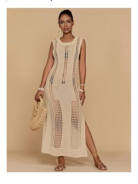 Crochet Cream Knit Sleeveless Maxi Coverup